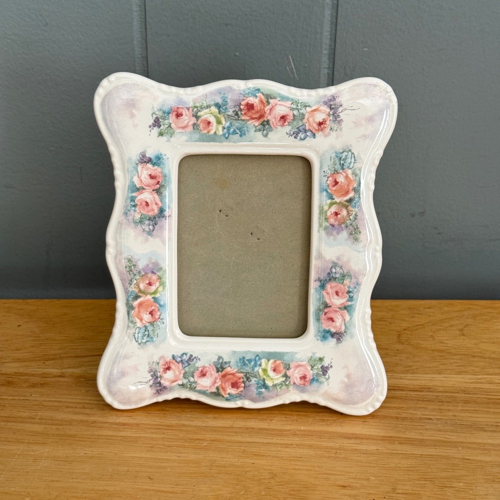 Vintage 1989 Terragrafics Porcelain Photo Frame Pink Roses Cottagecore Décor